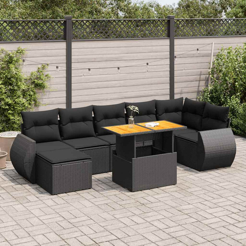 8 Piece Garden Sofa Set with Cushions Black Poly Rattan