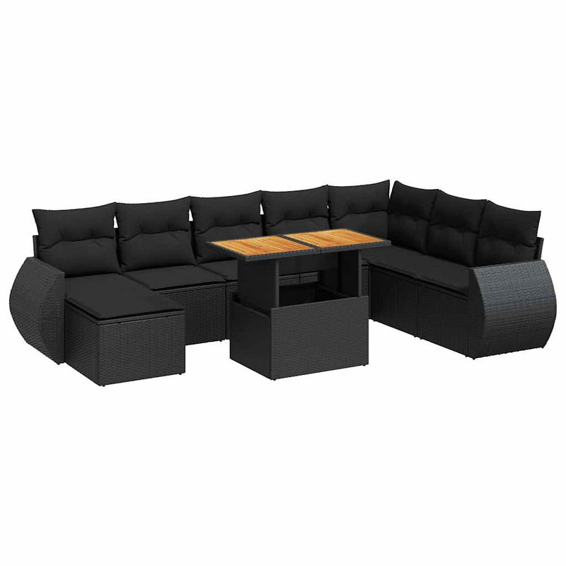 9 Piece Garden Sofa Set with Cushions Black Poly Rattan