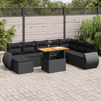 9 Piece Garden Sofa Set with Cushions Black Poly Rattan