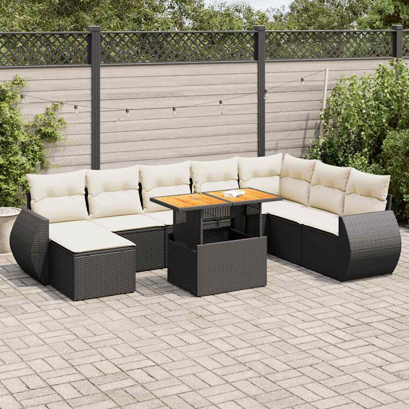 9 Piece Garden Sofa Set with Cushions Black Poly Rattan