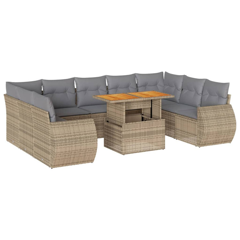 10 Piece Garden Sofa Set with Cushions Beige Poly Rattan