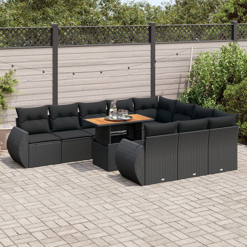 11 Piece Garden Sofa Set with Cushions Black Poly Rattan