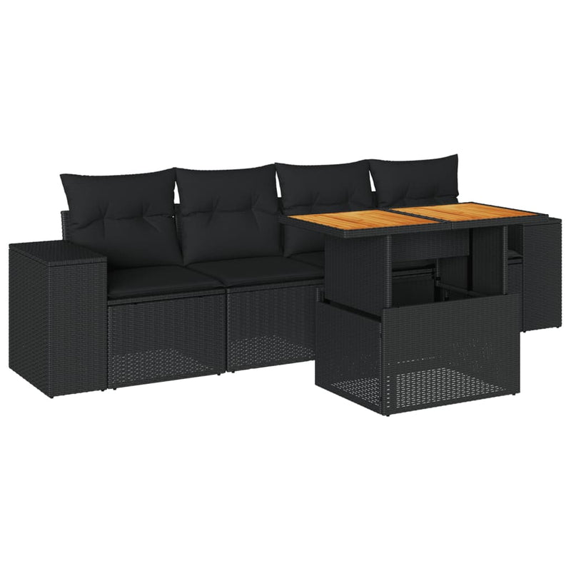 5 Piece Garden Sofa Set with Cushions Black Poly Rattan