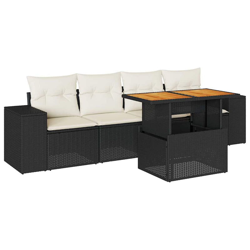 5 Piece Garden Sofa Set with Cushions Black Poly Rattan