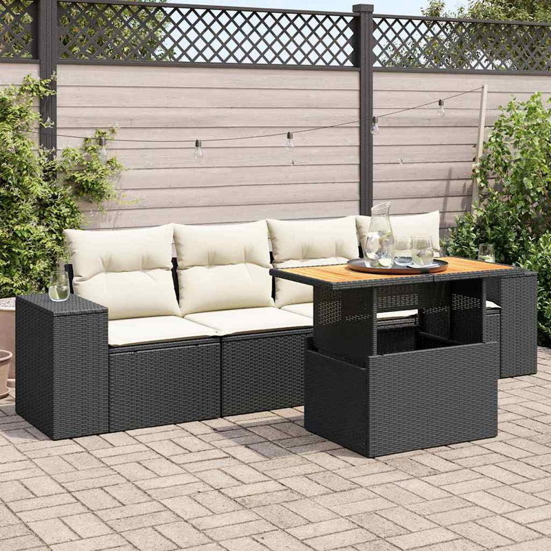 5 Piece Garden Sofa Set with Cushions Black Poly Rattan