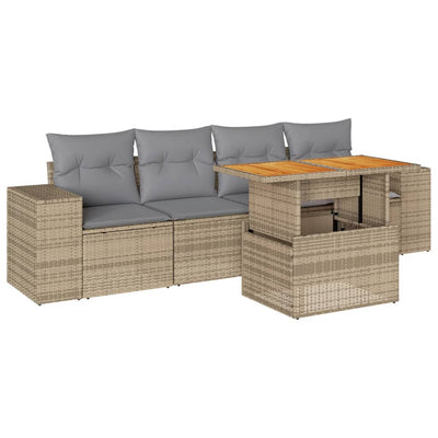 5 Piece Garden Sofa Set with Cushions Beige Poly Rattan