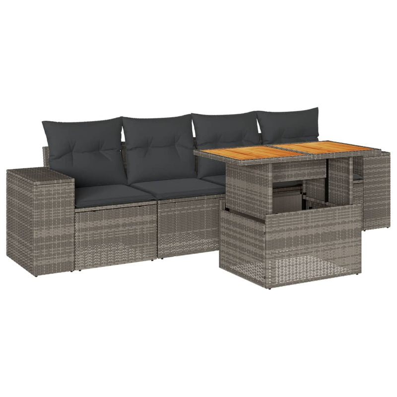 5 Piece Garden Sofa Set with Cushions Grey Poly Rattan