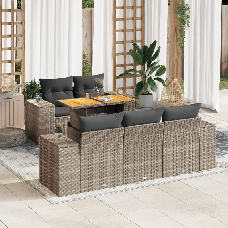 6 Piece Garden Sofa Set with Cushions Grey Poly Rattan