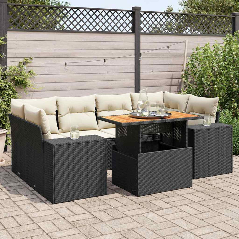 7 Piece Garden Sofa Set with Cushions Black Poly Rattan