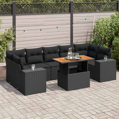 8 Piece Garden Sofa Set with Cushions Black Poly Rattan