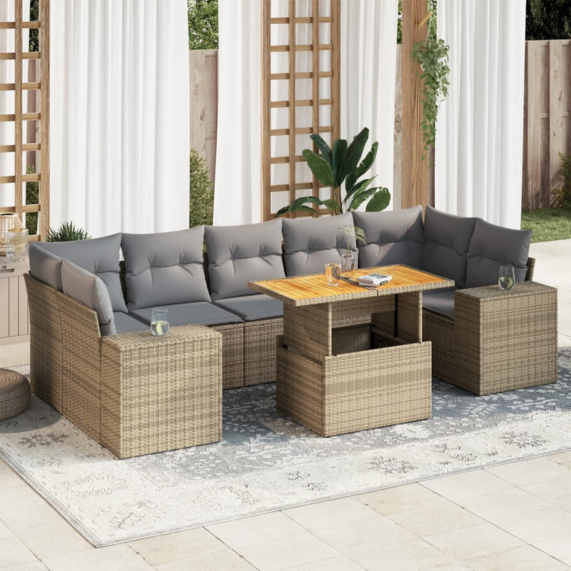 8 Piece Garden Sofa Set with Cushions Beige Poly Rattan