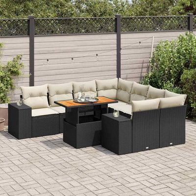 9 Piece Garden Sofa Set with Cushions Black Poly Rattan