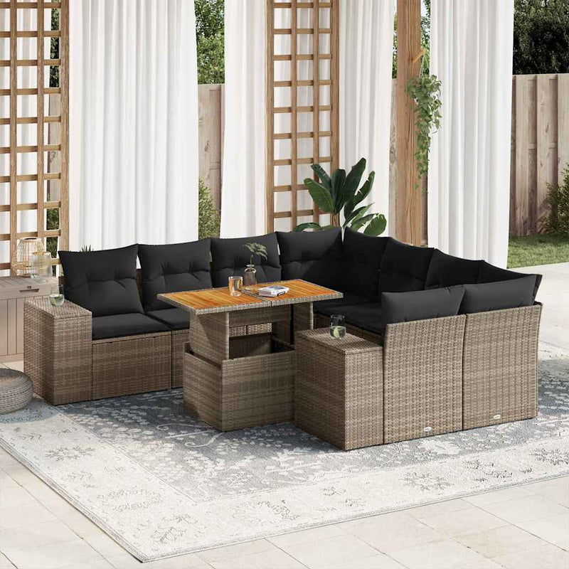 9 Piece Garden Sofa Set with Cushions Grey Poly Rattan