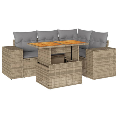 5 Piece Garden Sofa Set with Cushions Beige Poly Rattan