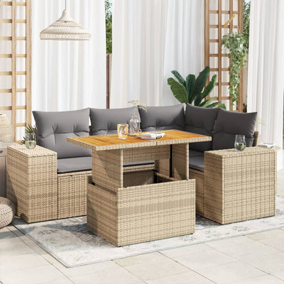 5 Piece Garden Sofa Set with Cushions Beige Poly Rattan