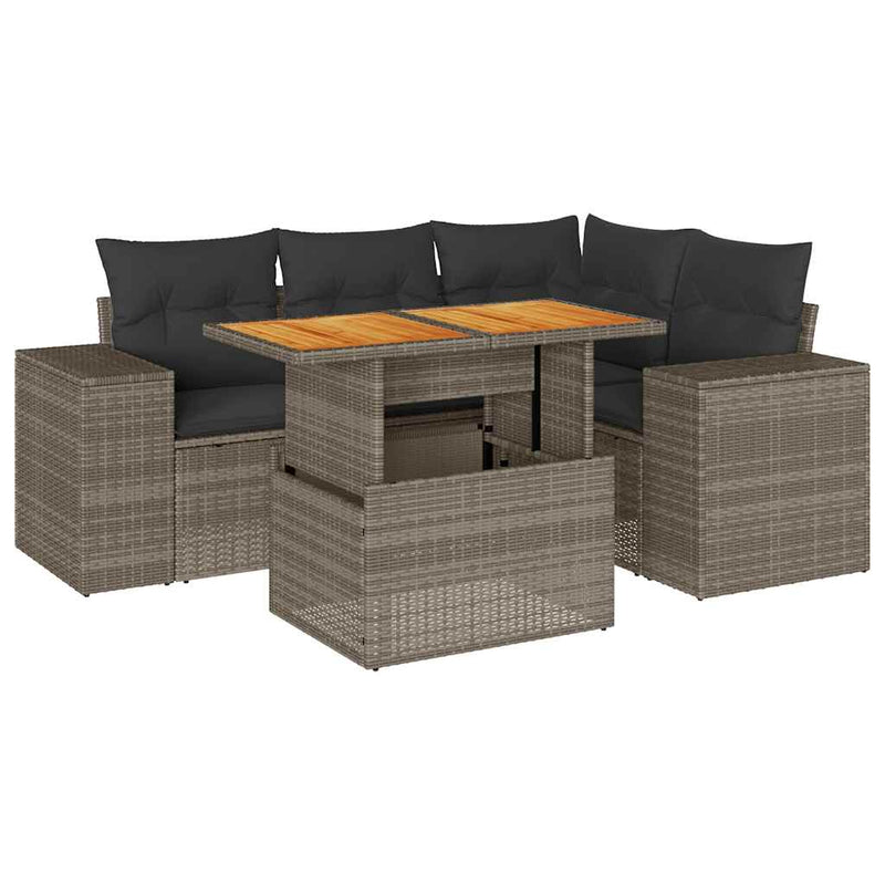 5 Piece Garden Sofa Set with Cushions Grey Poly Rattan