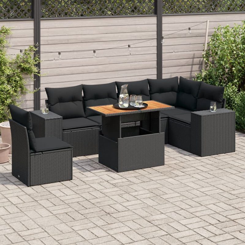 7 Piece Garden Sofa Set with Cushions Black Poly Rattan