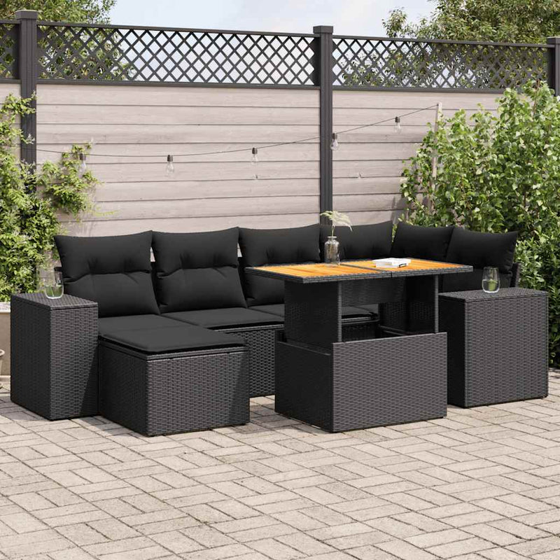 7 Piece Garden Sofa Set with Cushions Black Poly Rattan