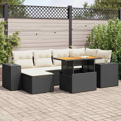 7 Piece Garden Sofa Set with Cushions Black Poly Rattan