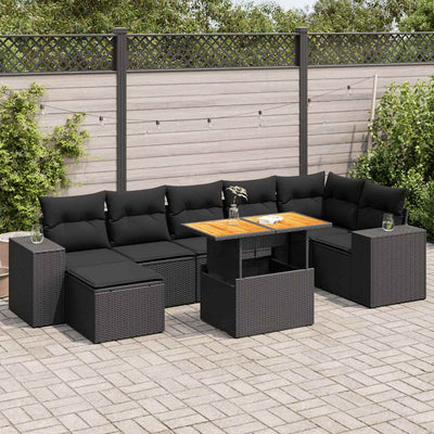 8 Piece Garden Sofa Set with Cushions Black Poly Rattan