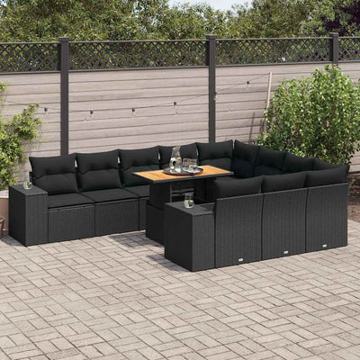 10 Piece Garden Sofa Set with Cushions Black Poly Rattan Acacia