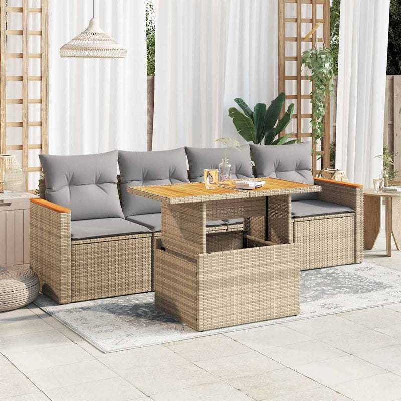 5 Piece Garden Sofa Set with Cushions Beige Poly Rattan Acacia