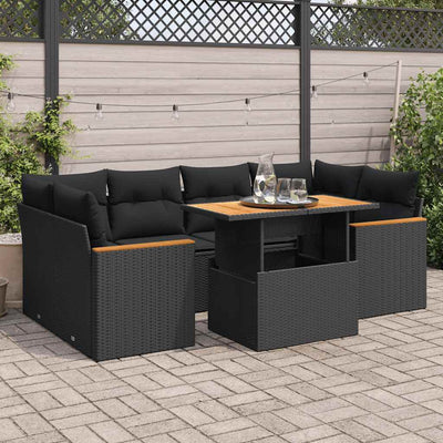 6 Piece Garden Sofa Set with Cushions Black Poly Rattan Acacia