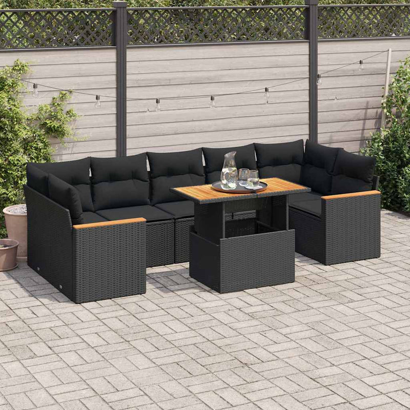 7 Piece Garden Sofa Set with Cushions Black Poly Rattan Acacia