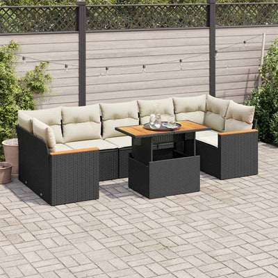 7 Piece Garden Sofa Set with Cushions Black Poly Rattan Acacia