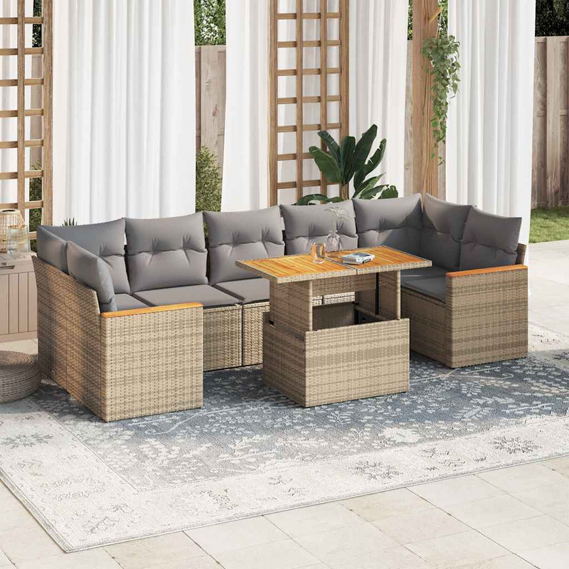 7 Piece Garden Sofa Set with Cushions Beige Poly Rattan Acacia