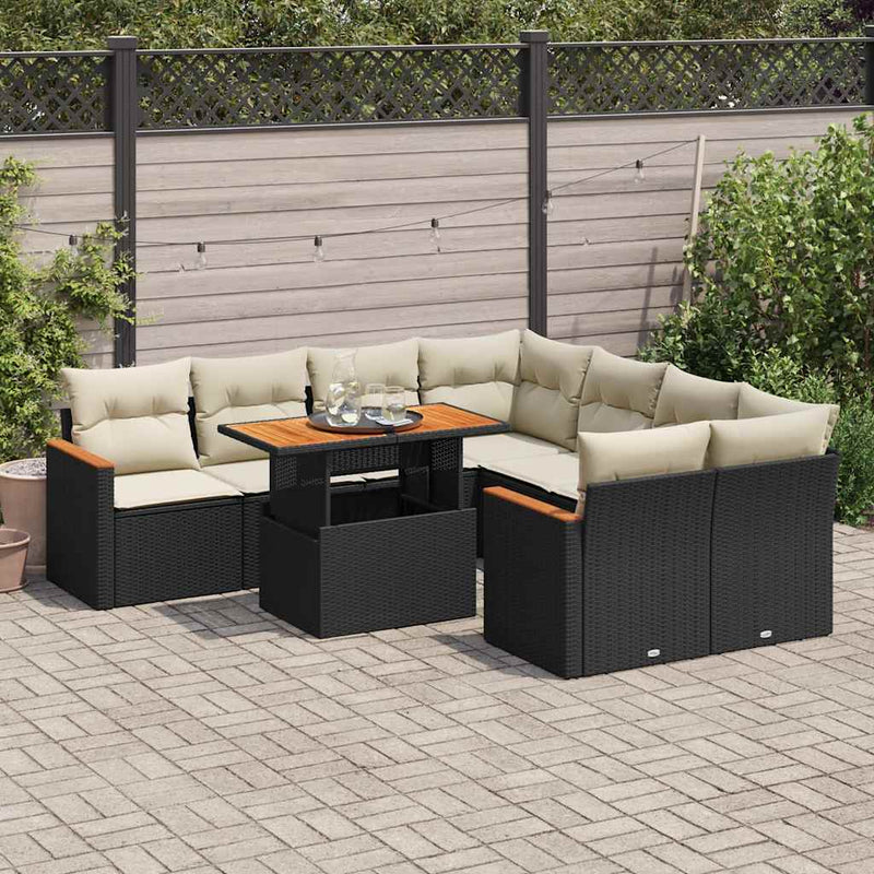 9 Piece Garden Sofa Set with Cushions Black Poly Rattan Acacia