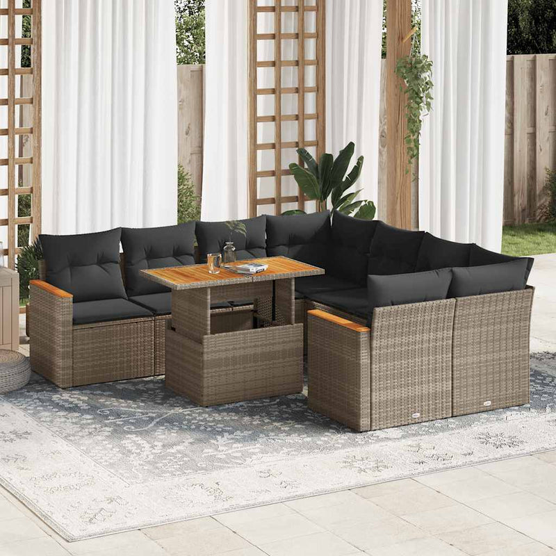 9 Piece Garden Sofa Set with Cushions Grey Poly Rattan Acacia