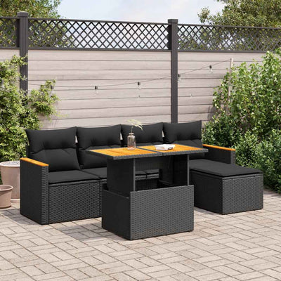 6 Piece Garden Sofa Set with Cushions Black Poly Rattan Acacia