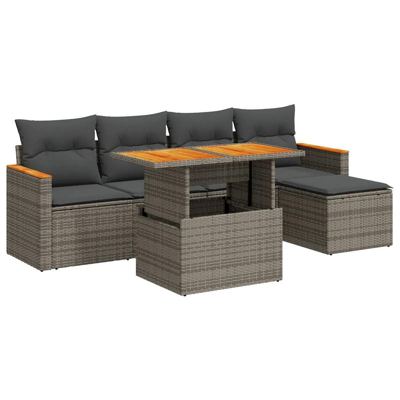 6 Piece Garden Sofa Set with Cushions Grey Poly Rattan Acacia