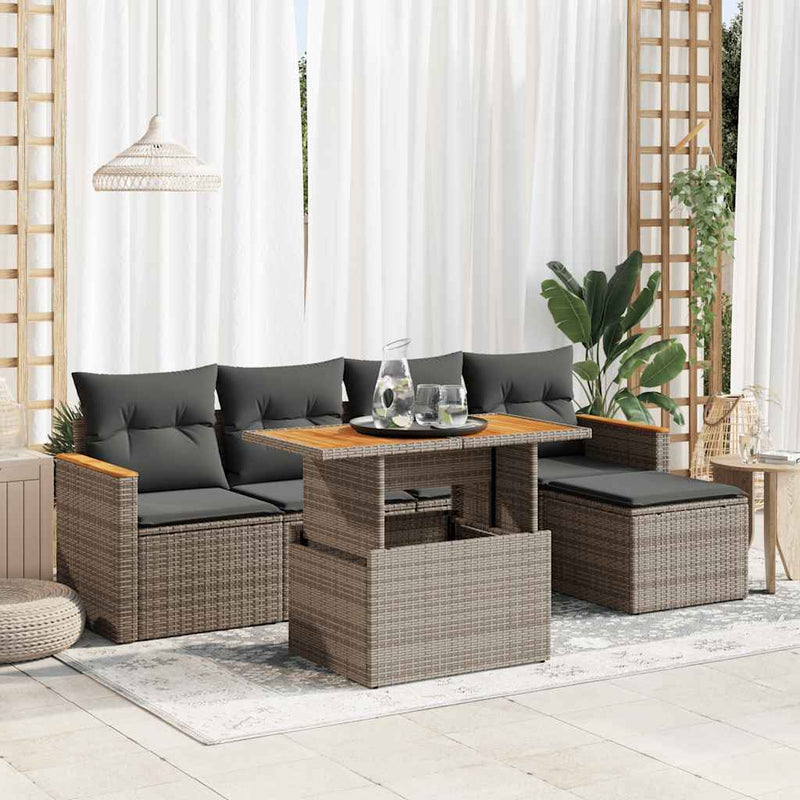 6 Piece Garden Sofa Set with Cushions Grey Poly Rattan Acacia