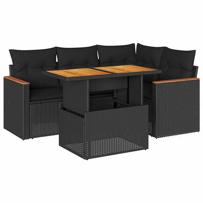 5 Piece Garden Sofa Set with Cushions Black Poly Rattan Acacia