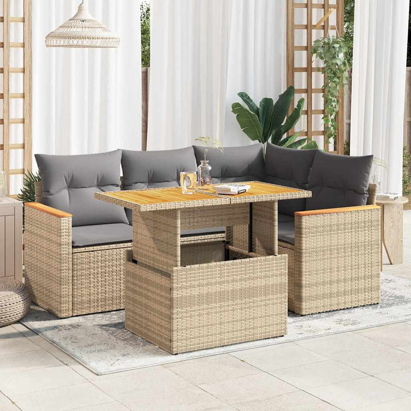 5 Piece Garden Sofa Set with Cushions Beige Poly Rattan Acacia