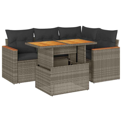 5 Piece Garden Sofa Set with Cushions Grey Poly Rattan Acacia