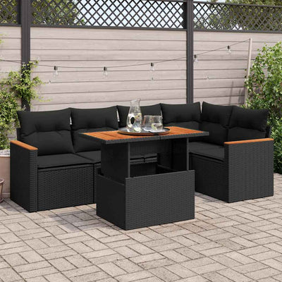 5 Piece Garden Sofa Set with Cushions Black Poly Rattan Acacia