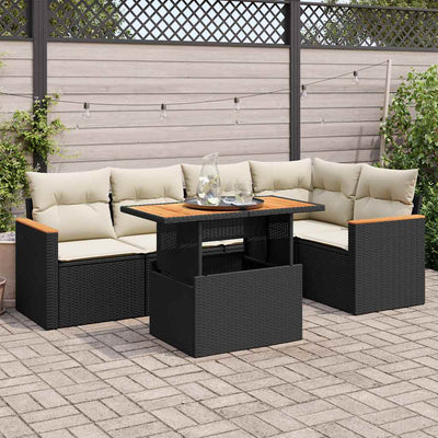 5 Piece Garden Sofa Set with Cushions Black Poly Rattan Acacia