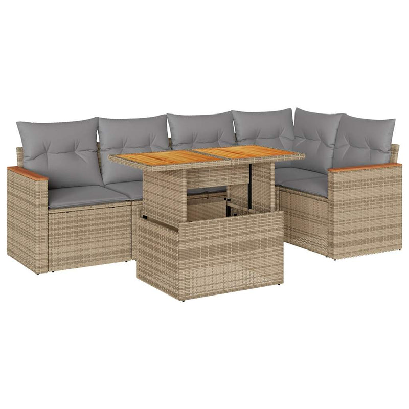 5 Piece Garden Sofa Set with Cushions Beige Poly Rattan Acacia