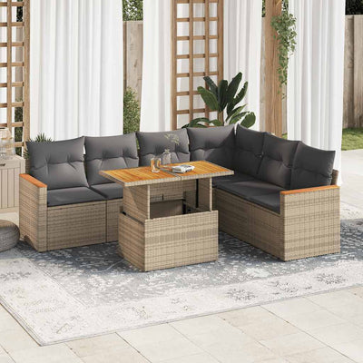 7 Piece Garden Sofa Set with Cushions Beige Poly Rattan Acacia