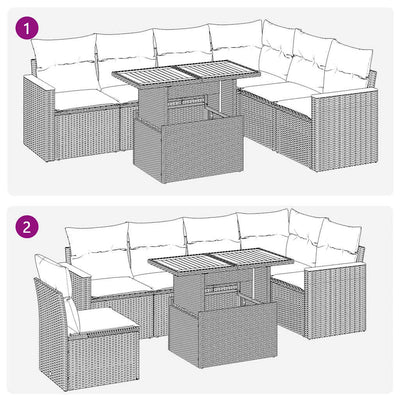 7 Piece Garden Sofa Set with Cushions Grey Poly Rattan Acacia