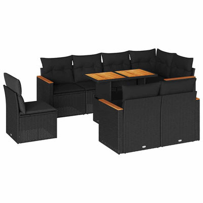 9 Piece Garden Sofa Set with Cushions Black Poly Rattan Acacia