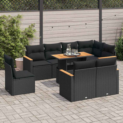 9 Piece Garden Sofa Set with Cushions Black Poly Rattan Acacia