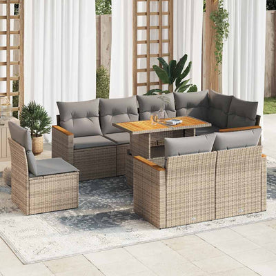 9 Piece Garden Sofa Set with Cushions Beige Poly Rattan Acacia