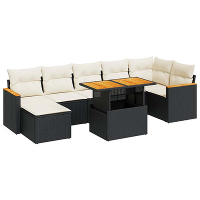 8 Piece Garden Sofa Set with Cushions Black Poly Rattan Acacia