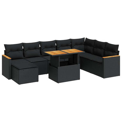 9 Piece Garden Sofa Set with Cushions Black Poly Rattan Acacia