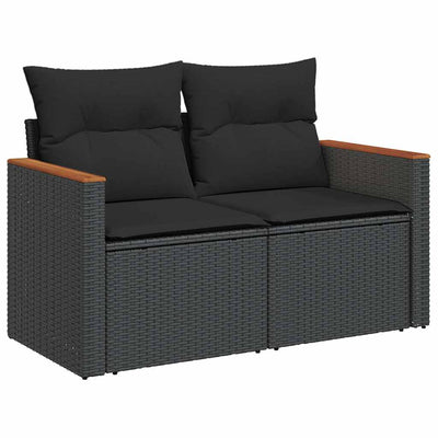 9 Piece Garden Sofa Set with Cushions Black Poly Rattan Acacia