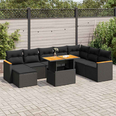 9 Piece Garden Sofa Set with Cushions Black Poly Rattan Acacia